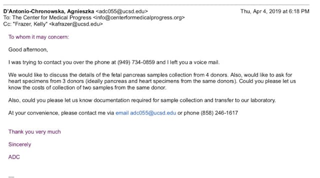 Email from UCSD to CMP for human fetal heart specimens Image: Email from UCSD to CMP for human fetal heart specimens