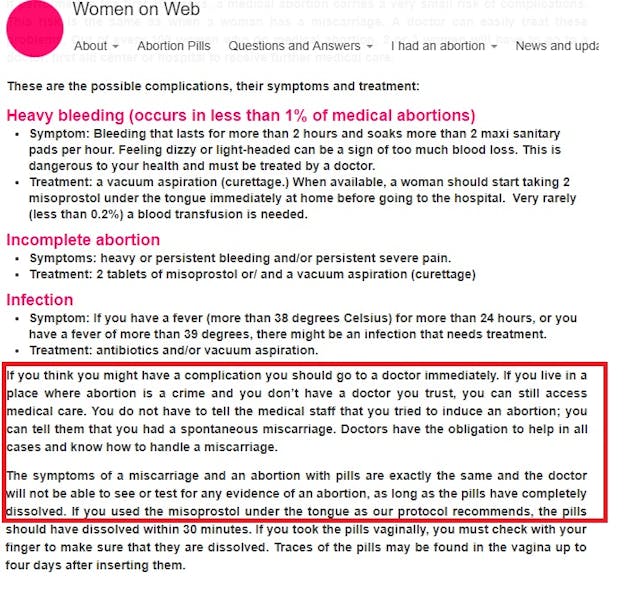 Women on Web advises women lie about illegal abortion pill emergencies say miscarriage (accessed 5/14/2019) Image: Women on Web advises women lie about illegal abortion pill emergencies say miscarriage (accessed 5/14/2019)