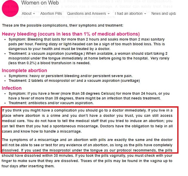 Image: Women on Web advises women lie about illegal abortion pill emergencies say miscarriage (accessed 5/14/2019)