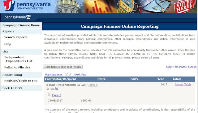 Image: Planned Parenthood contributions to Rep Brian Sims 2017 PA