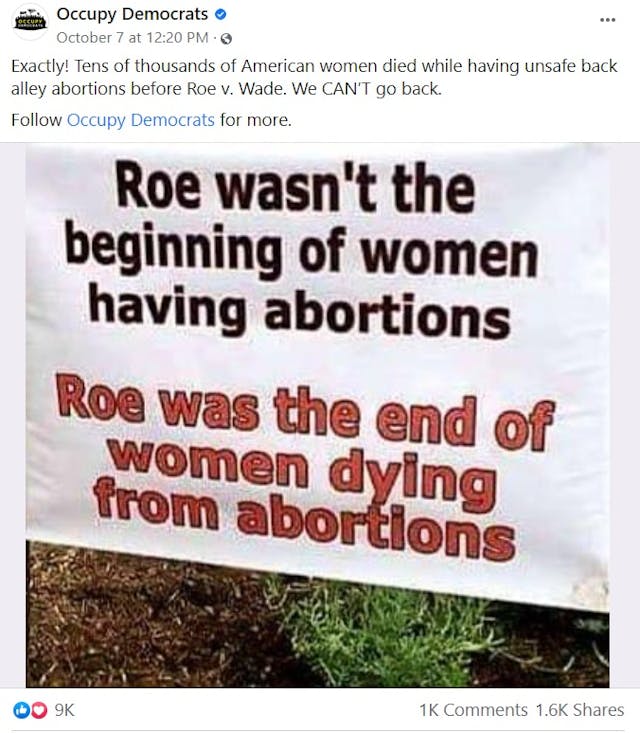 Facebook post false claim tens of thousands of women died from illegal abortion and Roe was end of women dying from abortions Image: Facebook post false claim tens of thousands of women died from illegal abortion