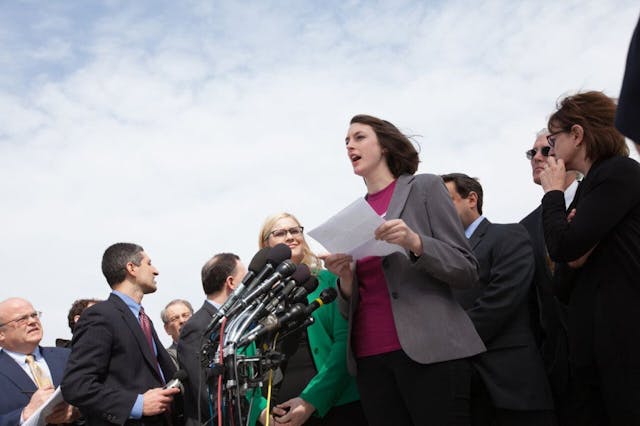 Elsa Spear, a junior at Geneva College in Beaver Falls, Pa., speaks about religious liberty outside the Supreme Court Wednesday, March 23. (Photo: Alliance Defending Freedom)