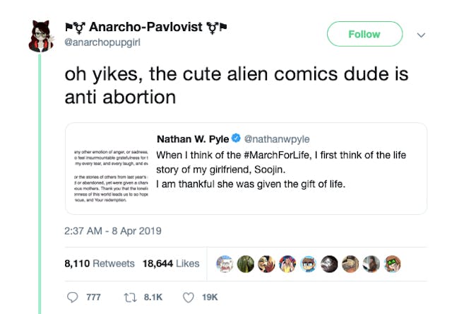 Pro-abortion mob attacks comic creator for old, seemingly pro-life tweet image
