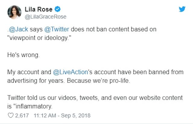 Image: Lila Rose tweet to Jack Dorsey for Twitter censoring pro-life group Live Action