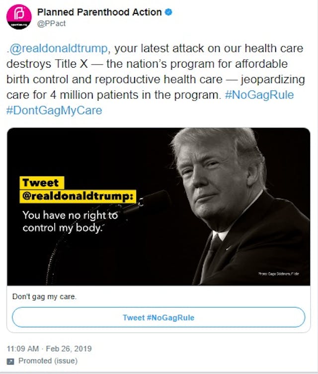 Planned Parenthood Action advertises on Twitter (Image: Twitter) Image: Planned Parenthood Action advertises on Twitter (Image: Twitter)