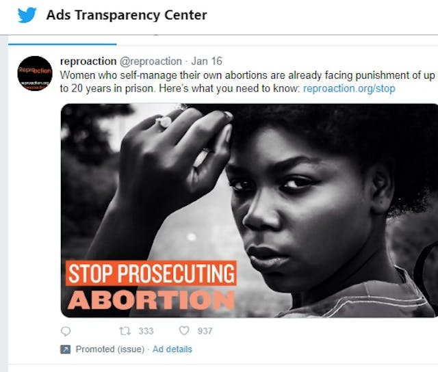 ReproAction promotes Twitter ads for self managed abortion (Image: Twitter) Image: ReproAction promotes Twitter ads for self managed abortion (Image: Twitter)