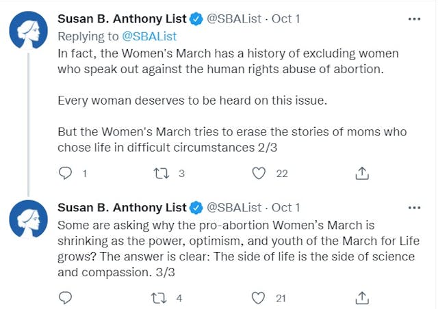 SBA List claims Women’s March excludes women (Image: Twitter) Image: SBA List claims Women's March excludes women (Image: Twitter)