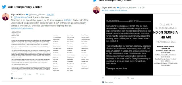 Image: Alyssa Milano promoted abortionTweets opposing GA heartbeat bill on Twitter (Image: Twitter)