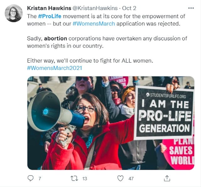Students for Life women’s march application was rejected (Image: Twitter) Image: Students for Life women's march application was rejected (Image: Twitter)