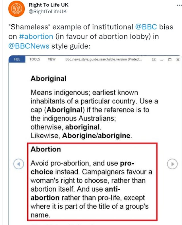 Right to Life UK tweets on BBC abortion language (Image: Twitter) Image: Right to Life UK tweets on BBC abortion language (Image: Twitter)