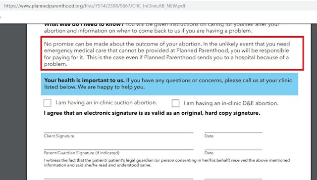 Image: Planned Parenthood Utah consent form patient financially responsible emergencies