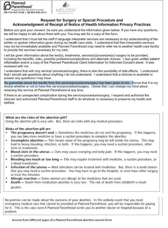 Planned Parenthood abortion consent form Image: Planned Parenthood abortion consent form