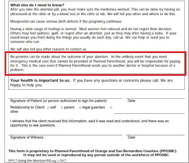 Image: Planned Parenthood San Bernardino Counties abortion consent form patient financially responsible