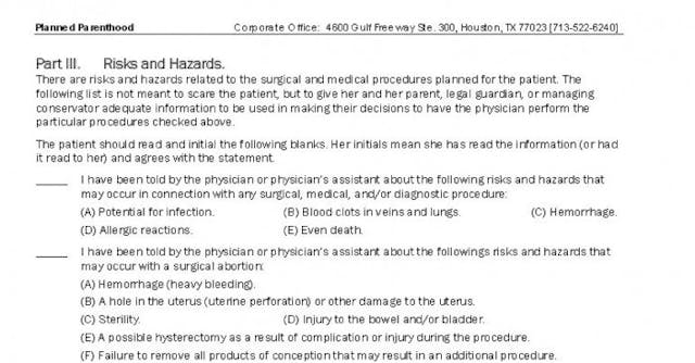 Planned Parenthood consent form abortion risks