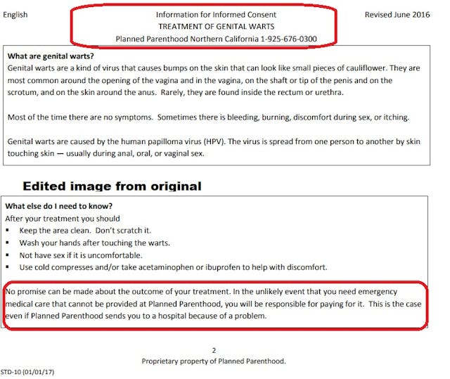 Image: Planned Parenthood California Genital Warts consent form patient financially responsible