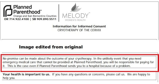 Image: Planned Parenthood San Bernardino Counties Cryotherapy consent form patient financially responsible