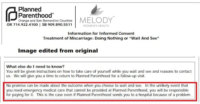 Image: Planned Parenthood San Bernardino Counties Miscarriage care consent form patient financially responsible