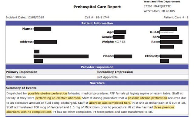 Screenshot of the EMS Prehospital Care Report Unsafe: Hole torn in woman’s uterus during her fourth abortion image
