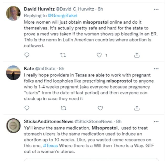 Tweets telling women to lie to get Misoprostol for abortions (Image: Twitter) Image: Tweets telling women to lie to get Misoprostol for abortions (Image: Twitter)