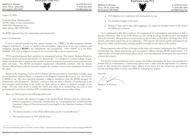 FDA letter on abortion pill REMS from The Satanic Temple Image: FDA letter on abortion pill REMS from The Satanic Temple