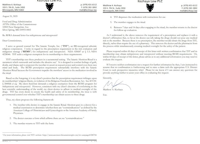Image: FDA letter on abortion pill REMS from The Satanic Temple