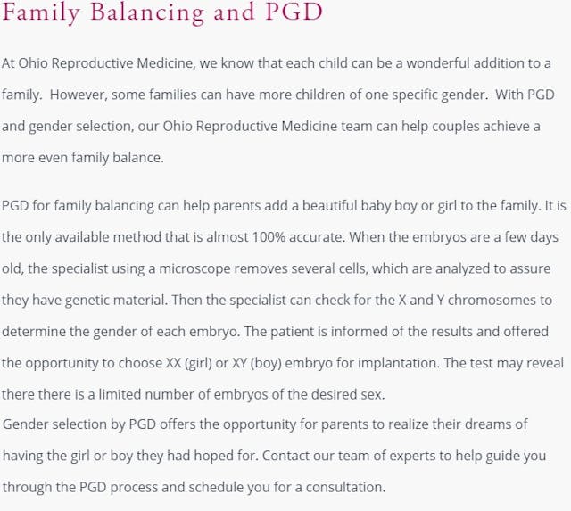 Ohio Reproductive Medicine Family Balancing Sex Selection abortion (Image: ORM website accessed March 8, 2019) Image: Ohio Reproductive Medicine Family Balancing Sex Selection abortion (Image: ORM website accessed March 8, 2019)