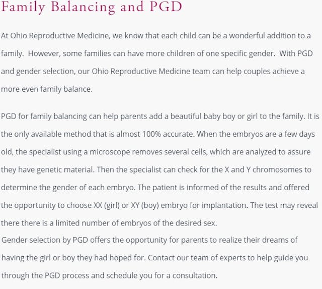 Image: Ohio Reproductive Medicine Family Balancing Sex Selection abortion (Image: ORM website accessed March 8, 2019)