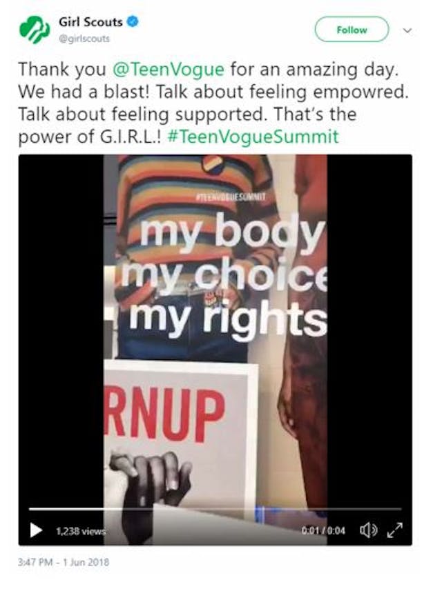 @girlscouts tweet from June 1, 2108. girl scouts, teen vogue, abortion
