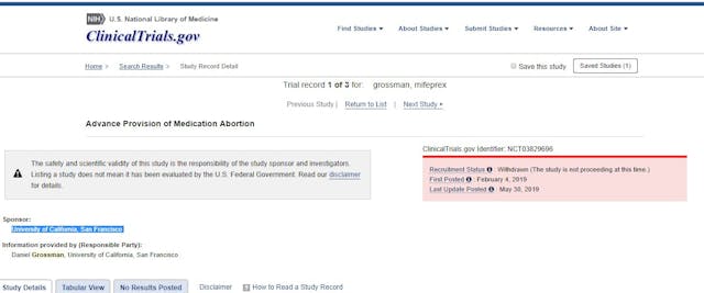 Clinical trial withdrawn (screenshot) ‘Experimental’ study to dispense abortion pill to women not yet pregnant, just ‘in case’ image