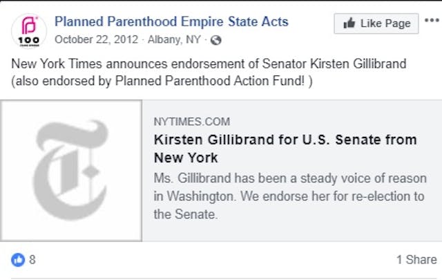 Image: Kirsten Gillibrand endorsed by Planned Parenthood