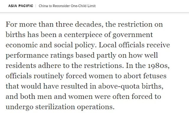 NYT China’s Forced Abortion Policies 1980s China’s One-Child policy ‘intelligent,’ said past National Organization for Women prez image