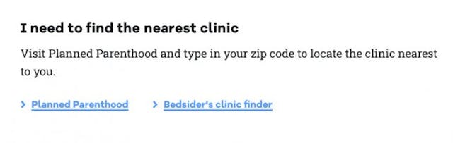 AFY’s clinic finder link that encourages site visitors to visit Planned Parenthood