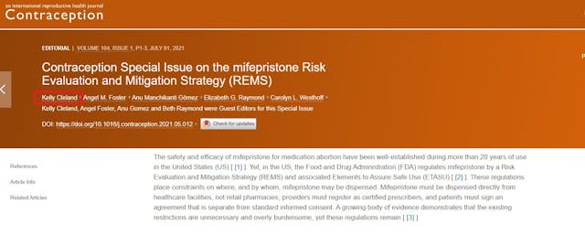 Image: Kelly Cleland cites a Journal Contraception article she authored to claim abortion pill is safe