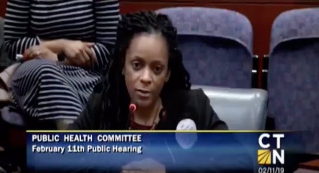 Christina Marie Bennett (Screenshot: YouTube) testifies against the CT bill to control pregnancy centers. pregnancy centers