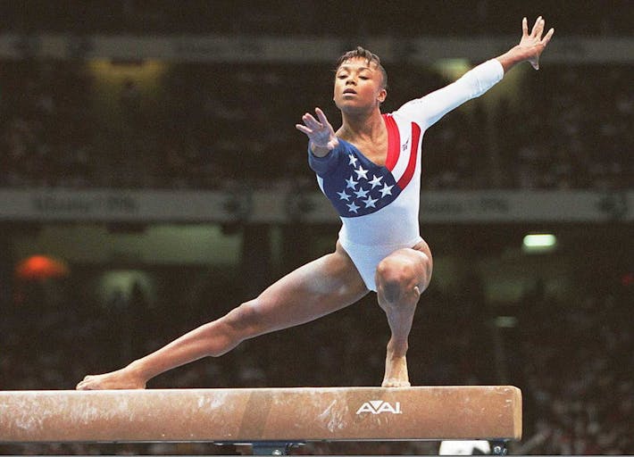 US Olympic team gymnast Dominique Dawes practices