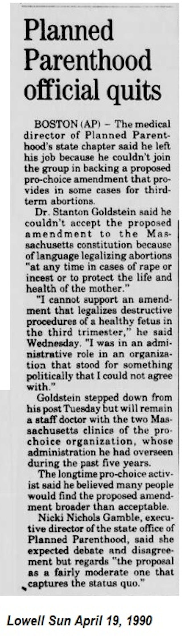 Planned Parenthood doc quits over late term abortions (Image: Lowel Sun April 19, 1990) Image: Planned Parenthood doc quits over late term abortions (Image: Lowel Sun April 19, 1990)