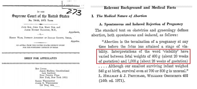 Roe v. Wade viability at 20 weeks (Sarah Weddington and Roy Lucas brief) Image: Roe V Wade viability at 20 weeks Sarah Weddington and Roy Lucas brief