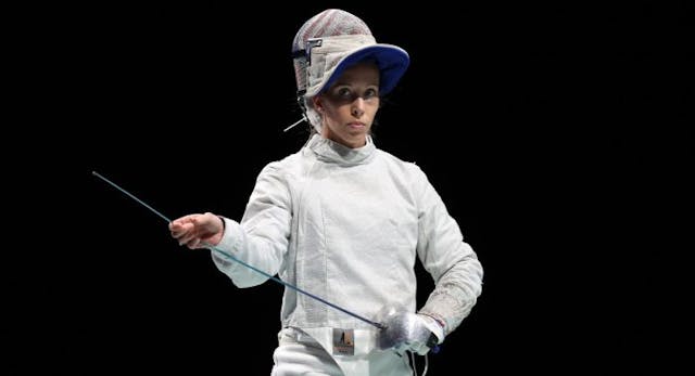 CHIBA, JAPAN – JULY 31: Mariel Zagunis of Team United States during her match against Team France in Women’s Sabre Fencing Team Quarterfinal… July 31, 2021 in Chiba, Japan. (Photo by Elsa/Getty Images)