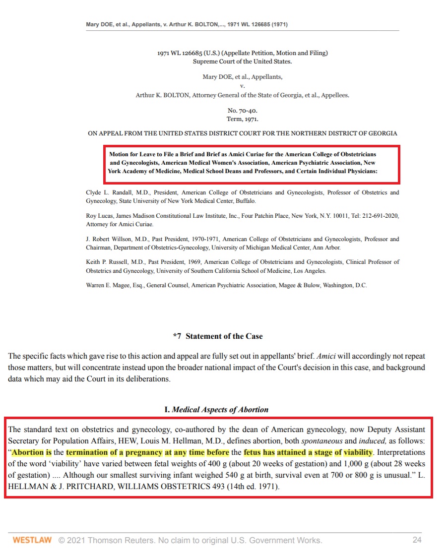 Image: ACOG Doe v Bolton brief on abortion viability at 400 grams or 20 weeks