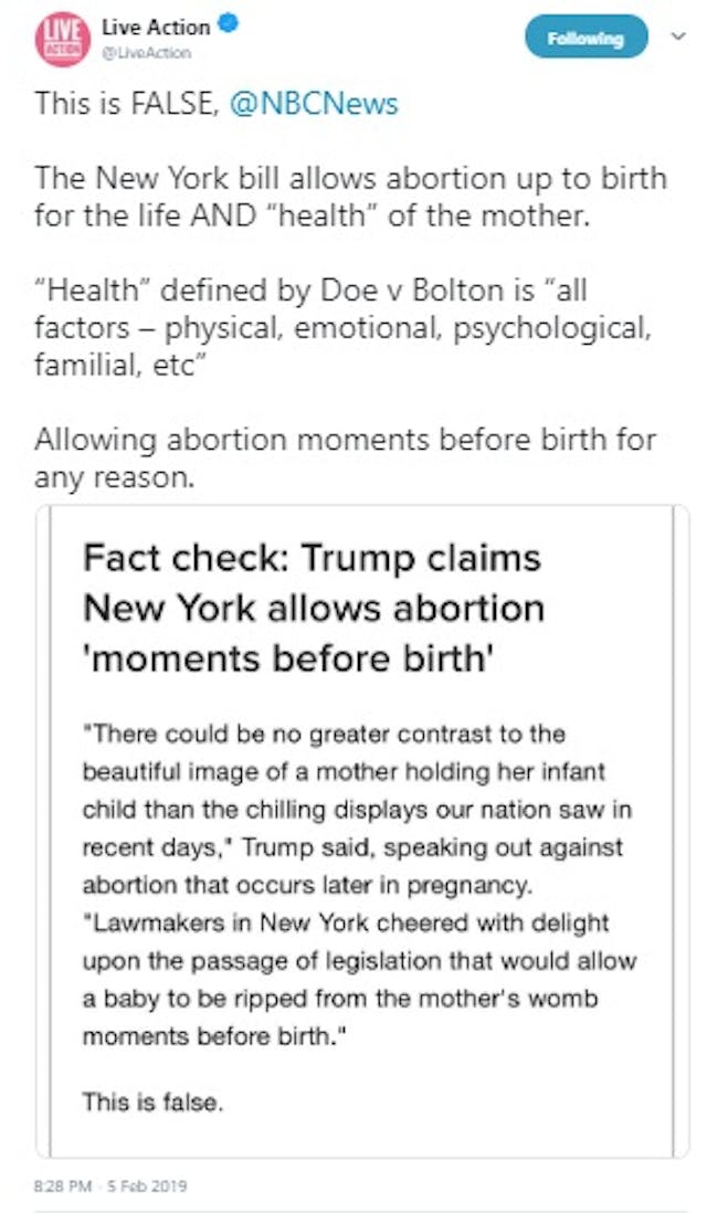 Live Action calls out NBC incorrect Fact Check after SOTU on Trump and abortion Image: Live Action calls out NBC incorrect Fact Check after SOTU on Trump and abortion