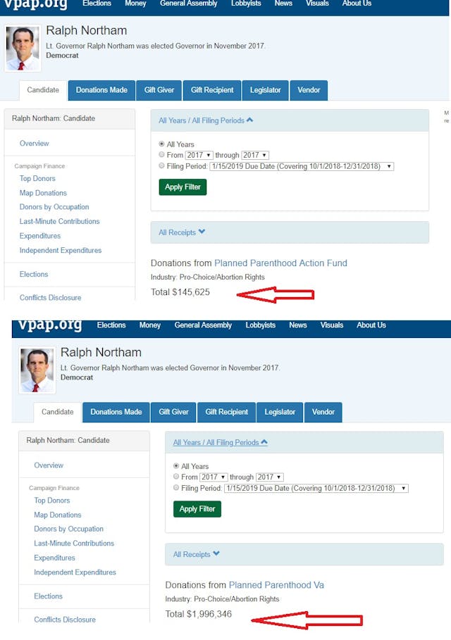 Planned Parenthood of VA PPACT 2017 contributions Gov Northam (Image: VPAP.org) Image: Planned Parenthood of VA PPACT 2017 contributions Gov Northam (Image: VNAP.org)