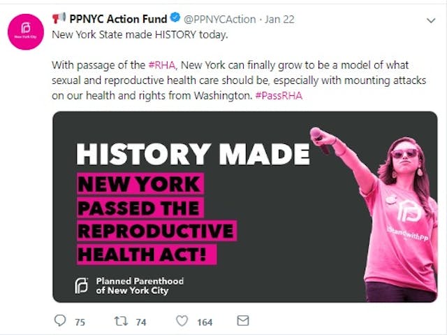 Image: Planned Parenthood NYC applauds abortions up to birth passed in NY (Image: Twitter)