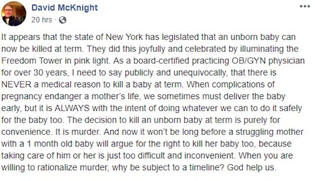 Dr. David McKnight on NY abortion law FB Jan 2019 Image: Dr. David McKnight on NY abortion law FB Jan 2019