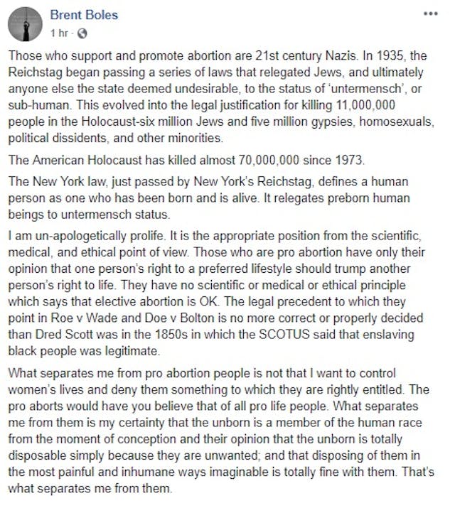 Dr. Bret Boles on NY abortion law FB Jan 2019 Image: Dr. Bret Boles on NY abortion law FB Jan 2019