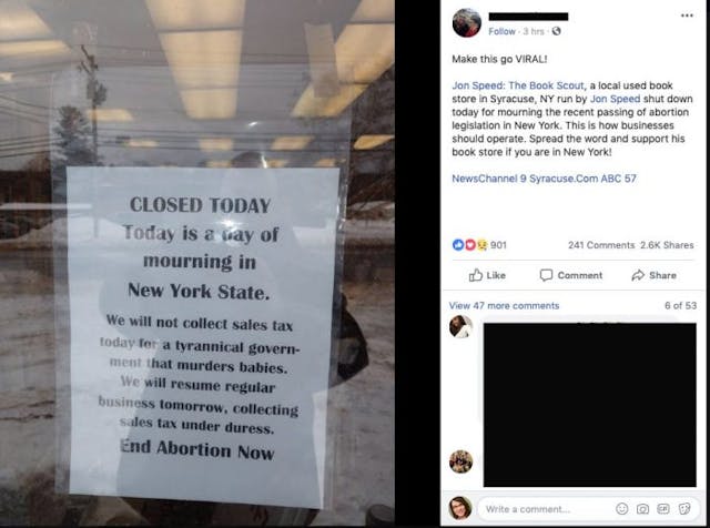Facebook post showing NY bookstore sign NY Bookstore closed in protest of new abortion law flooded with orders image