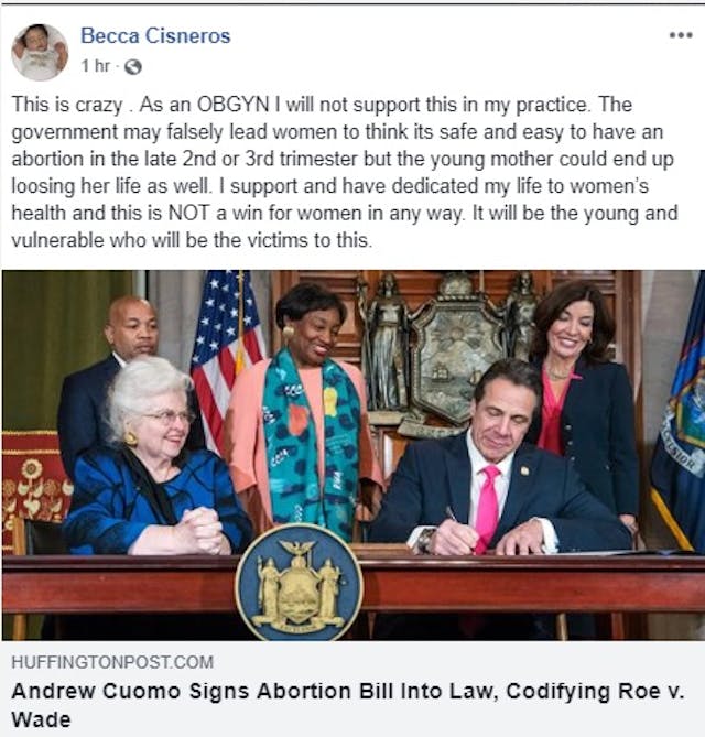 Dr. Becca Cisneros on NY abortion law FB Jan 2019 Image: Dr. Becca Cisneros on NY abortion law FB Jan 2019