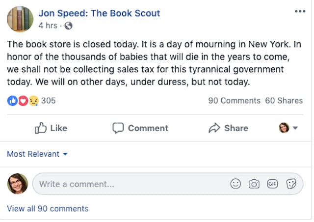 Facebook post NY Bookstore closed in protest of new abortion law flooded with orders image