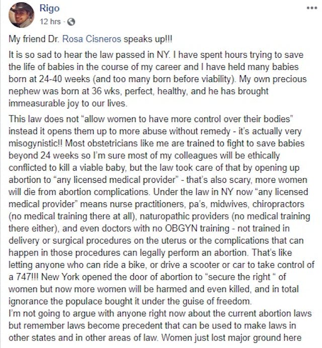Dr. Rosa Cisneros on NY abortion law FB Jan 2019 Image: Dr. Rosa Cisneros on NY abortion law FB Jan 2019