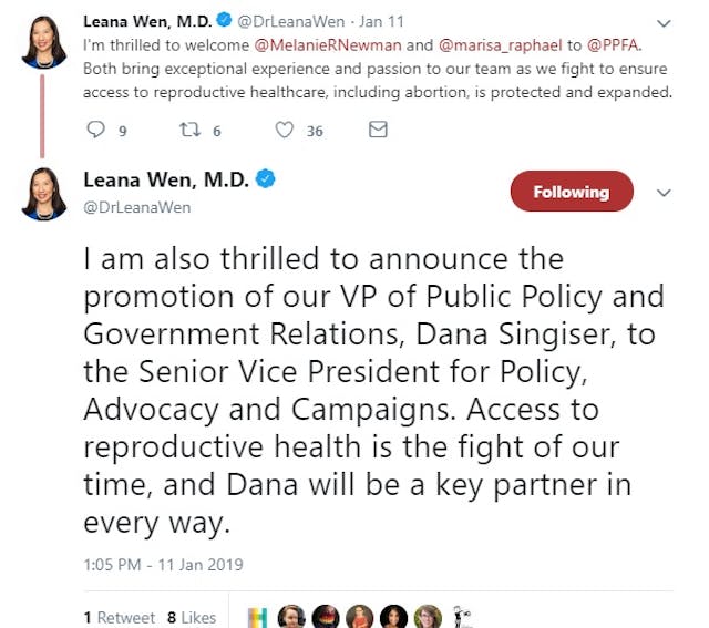 PPFA new positions Twitter Jan 11 2019 (Image: Leana Wen Twitter) Image: PPFA new positions Twitter Jan 11 2019 (Image: Leana Wen Twitter)