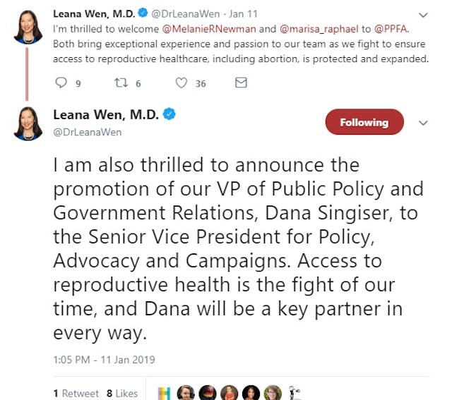 Image: PPFA new positions Twitter Jan 11 2019 (Image: Leana Wen Twitter)